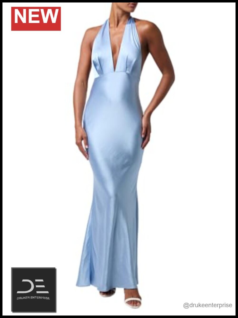 Luxe Satin Halter Maxi Dress Plunging Neck Pleated Bodice Open Back Formal